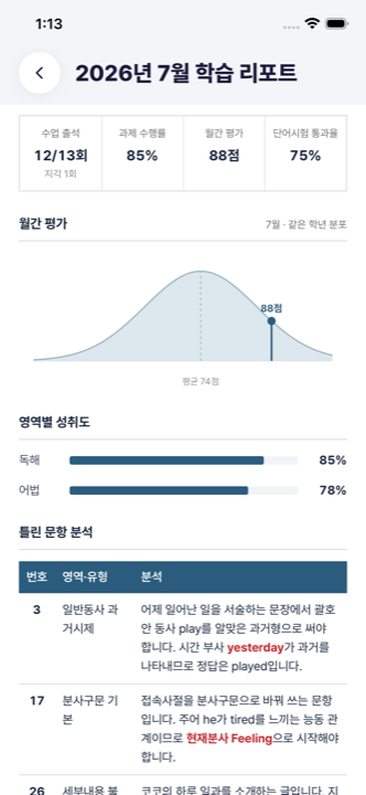 학부모 앱: 학생의 월간 학습 리포트